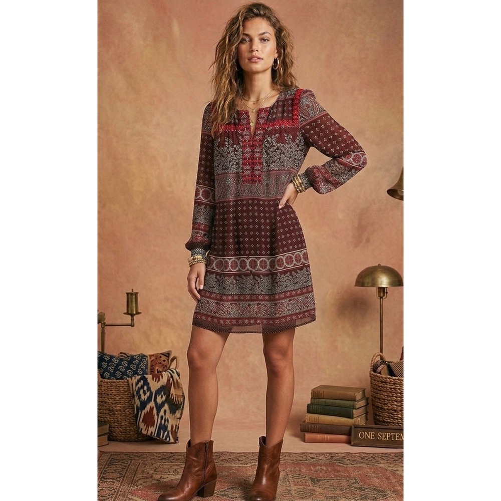 Anthropologie One September Burgundy Paisley Floral Embroidered Shift Dress S